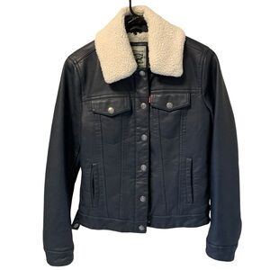 Levi Women’s Black Faux Leather Trucker Jacket with Removable Sherpa Collar
